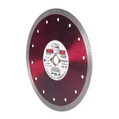 Diamond blade saw for cutting porcelain tiles, ceramic hard stone, with a red and gray segmented edge for precision cutting, ideal for tile installation and construction projects.