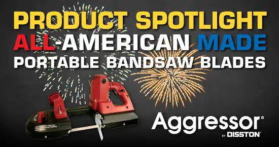 High-quality portable bandsaw blades showcased in a promotional graphic for American-made tools, highlighting durability and performance from NIS Tools.