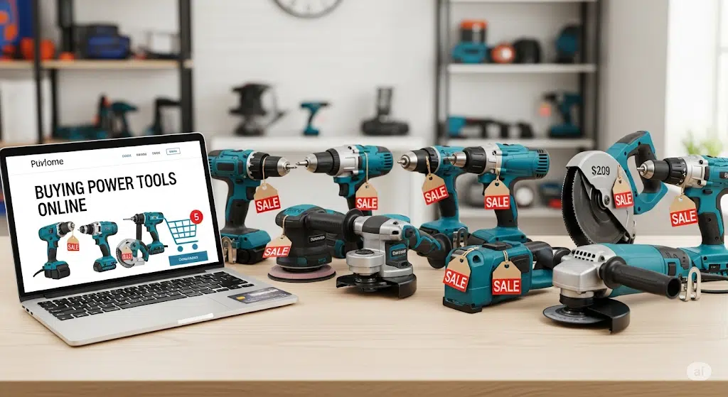 Power tools for sale with discounts on drill, saw, grinder, and more, displayed on a wooden table in a workshop.