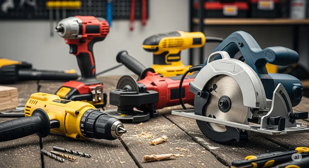 Power tools including a cordless drill, circular saw, impact driver, and angle grinder displayed on a woodworking workbench, focusing on DIY and professional construction equipment.