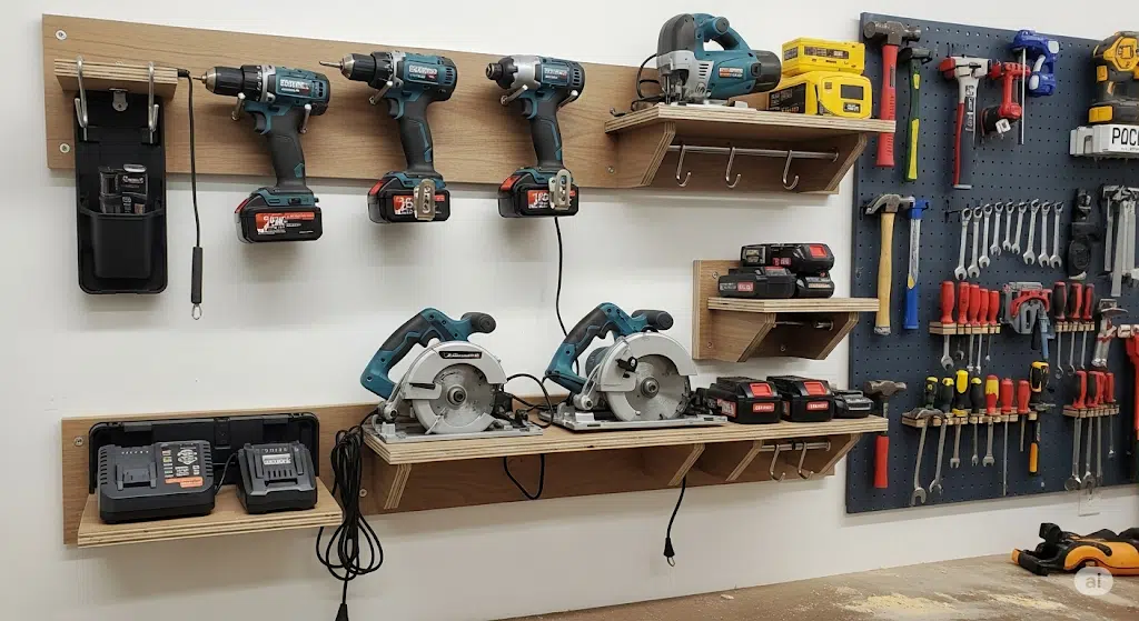 Power tools organization wall with cordless drills, saws, and various hand tools for woodworking and home improvement projects. Essential equipment for professional and DIY carpentry tasks.