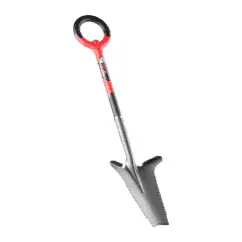 Shovel with a red and black handle, ergonomic grip, and serrated metal blade, ideal for gardening and outdoor tasks.