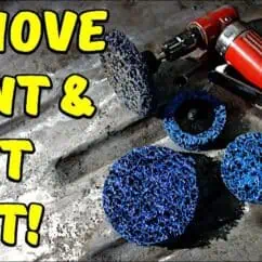 Removing rust from paint and metal surfaces with abrasive tools and power sander for quick results.