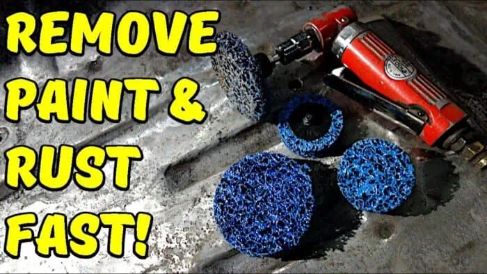 Removing rust from paint and metal surfaces with abrasive tools and power sander for quick results.