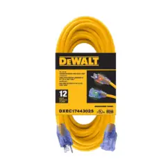 Flexible yellow extension cord with clear plugs, ideal for household and workshop electrical needs. Durable, heavy-duty, 25-foot length, rated for 12 gauge, features indicator light for safety.