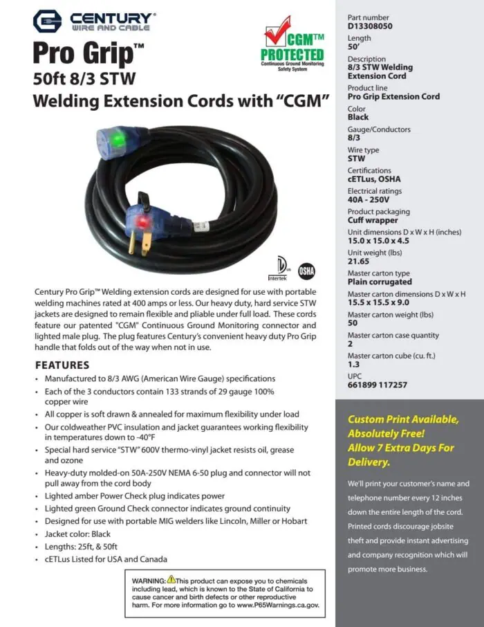 Heavy-duty welding extension cord with CGMTM protection, 50ft length, black STW wire, suitable for portable MIG welders, featuring cold weather PVC insulation and reinforced connectors.