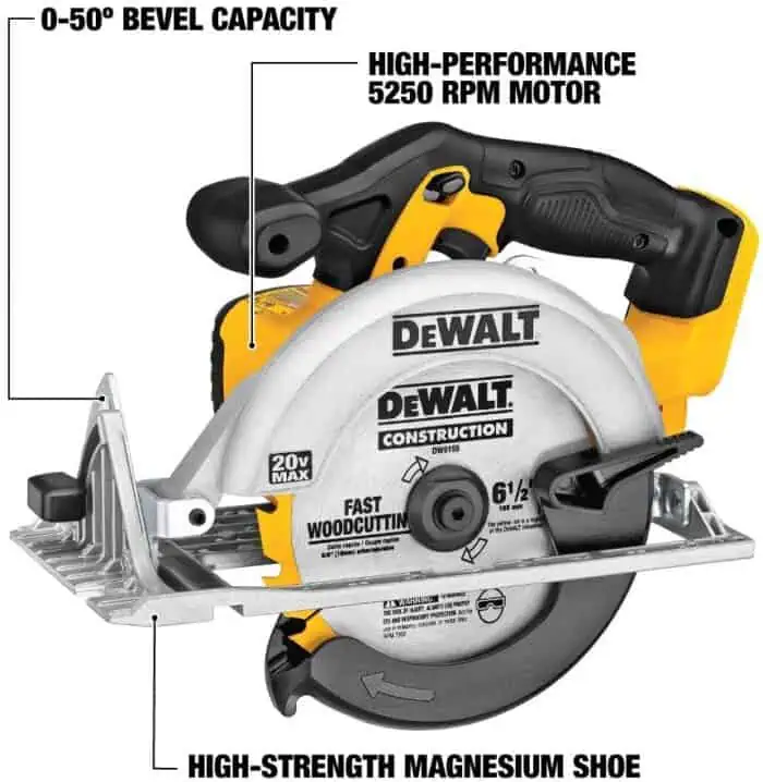 DeWalt 20V MAX circular saw with high-performance 5250 RPM motor, 0-50° bevel capacity, precision cut, and durable magnesium shoe for woodworking projects. Ideal for construction and carpentry.