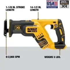 Power tool illustration highlighting features of the DeWalt 20V MAX XR cordless reciprocating saw, including stroke length, RPM, weight, and branding. Perfect for construction, DIY, and professional use.
