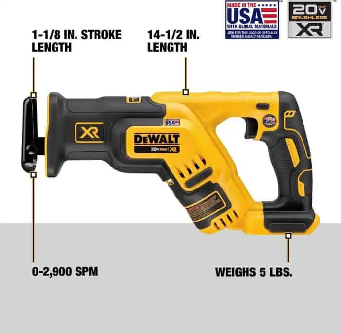 Power tool illustration highlighting features of the DeWalt 20V MAX XR cordless reciprocating saw, including stroke length, RPM, weight, and branding. Perfect for construction, DIY, and professional use.