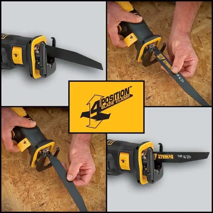 Angle grinder with blade clamp system for safe and efficient cutting. Hands adjusting and operating the tool on wood surface. Ideal for construction and DIY projects.