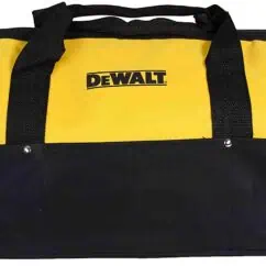 Yellow and black Dewalt tool bag with sturdy handles and zip closure, ideal for construction and power tool storage.