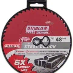 Diablo Steel Demon circular saw blade for metal cutting, 7-1/4 inch diameter, 48 teeth, designed for increased longevity and precision in steel, stainless steel, and metal fabrication.