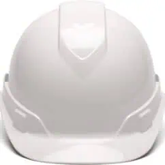 Side view of a white construction safety helmet or hard hat, used for industrial safety and personal protective equipment.