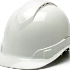 Safety helmet for construction or industrial work, white hard hat with adjustable strap, used for workplace safety and head protection.