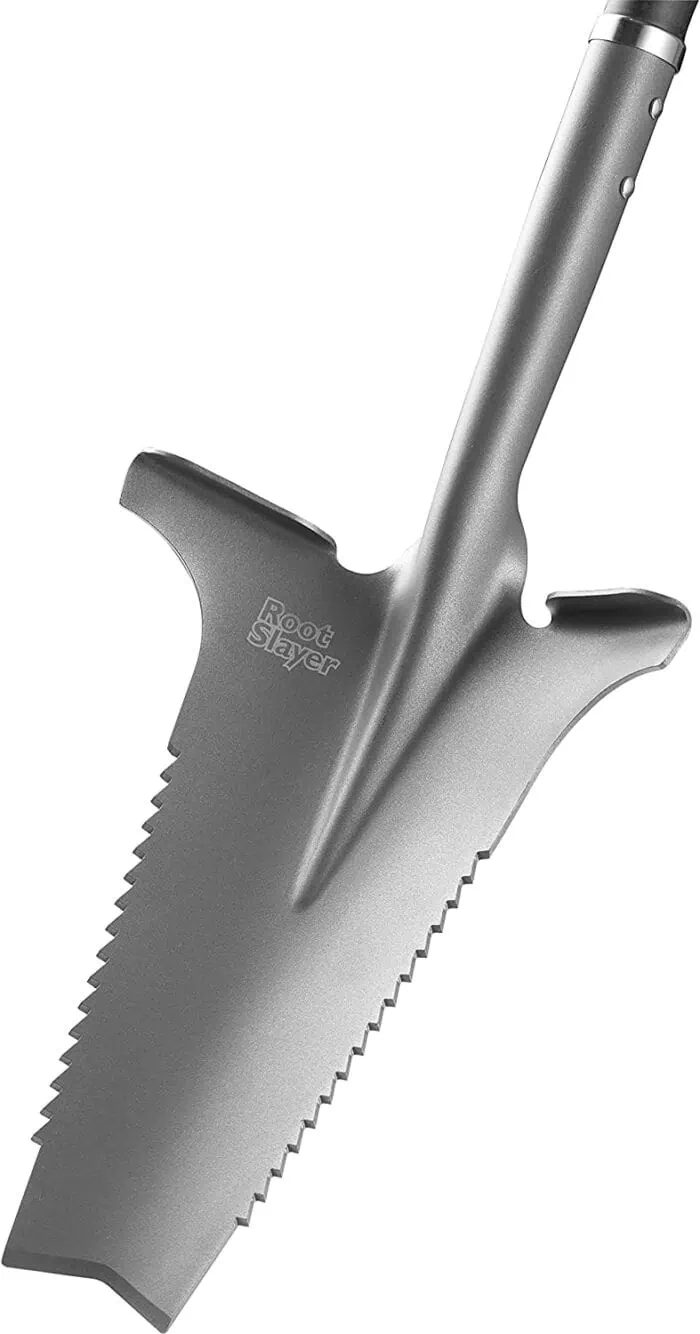Precision gardening hand tool with serrated blade for efficient root cutting, ideal for soil aeration and plant removal, featuring ergonomic design for comfortable use.