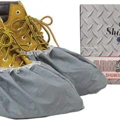 Weatherproof shoe covers for boots on a gray background, protecting footwear from dirt and moisture, ideal for outdoor work and harsh weather conditions.