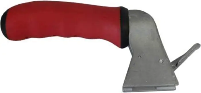 Red and gray hand tool with a leather grip and metal base, used for manual fastening or crimping tasks.