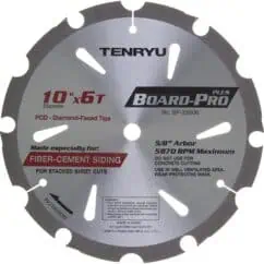 10-inch x 6T diamond-faced saw blade for fiber-cement siding, high-performance cutting tool, ideal for stacked sheet cuts, designed for construction and renovation projects.