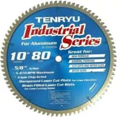 High-quality circular saw blade for aluminum industrial series with 10-inch diameter, 80 teeth, and 5/8-inch arbor, ideal for non-ferrous cutting, miter saws, and precise laser cut applications.