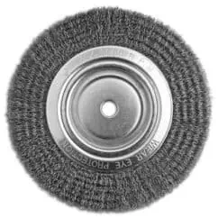 Stainless steel wire brush wheel with abrasive surface for industrial cleaning and surface preparation, ideal for use with power tools on metal surfaces.