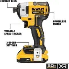 DeWalt 20V MAX XR cordless impact driver with brushless motor, variable speed trigger, 3 LED bright LEDs, and adjustable 3-speed settings, ideal for power drilling and fastening tasks.