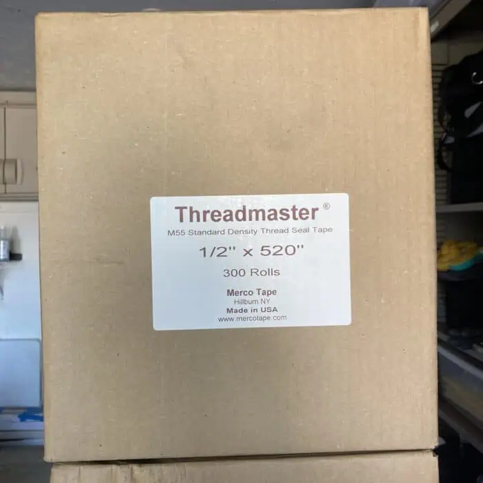 High-quality cardboard box of Threadmaster M55 standard density thread seal tape, 1/2 inch by 520 feet, 300 rolls, manufactured by Merco Tape in Hillburn, NY, used for plumbing and sealing applications.