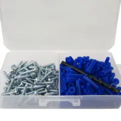 Small hardware kit containing blue plastic wall anchors, silver drywall screws, and a black twist drill bit in a clear plastic storage box.