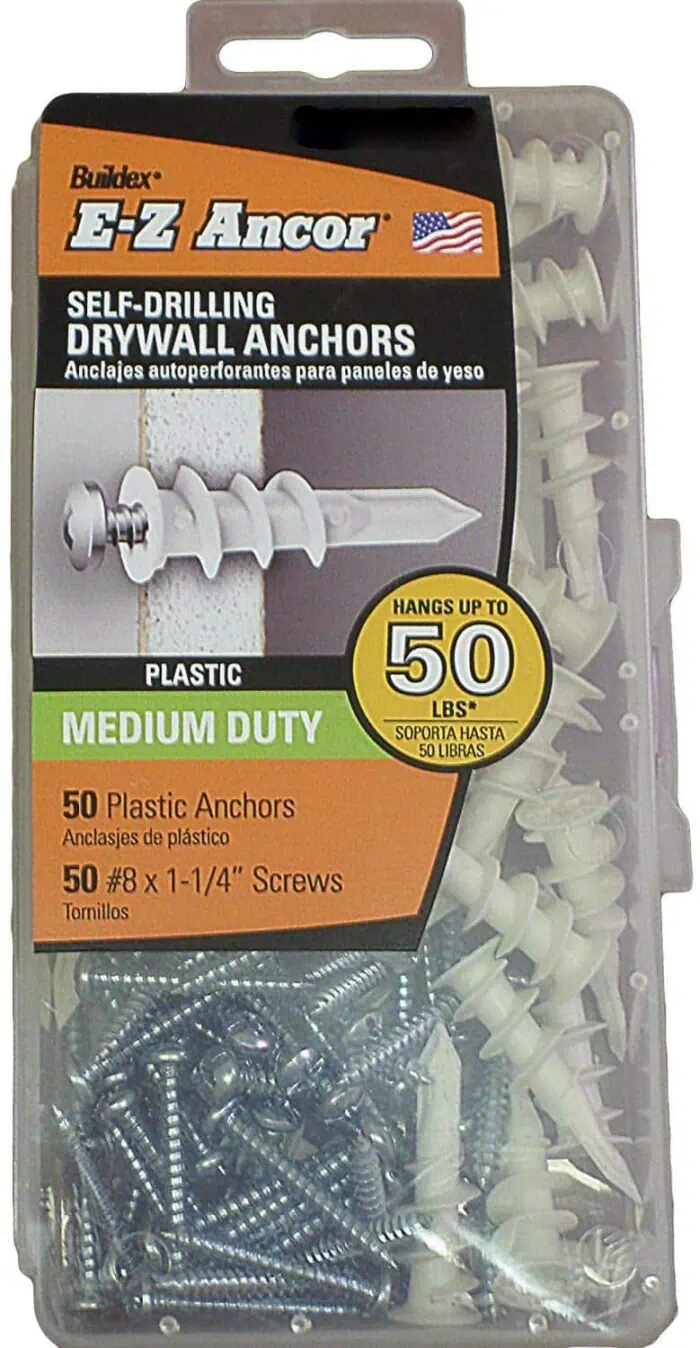 Plastic drywall anchors and screws set for home improvement and wall mounting purposes.