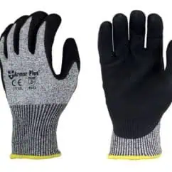 High-quality work gloves showing gray and black design with safety and durability features, ideal for industrial and construction tasks requiring hand protection and grip.