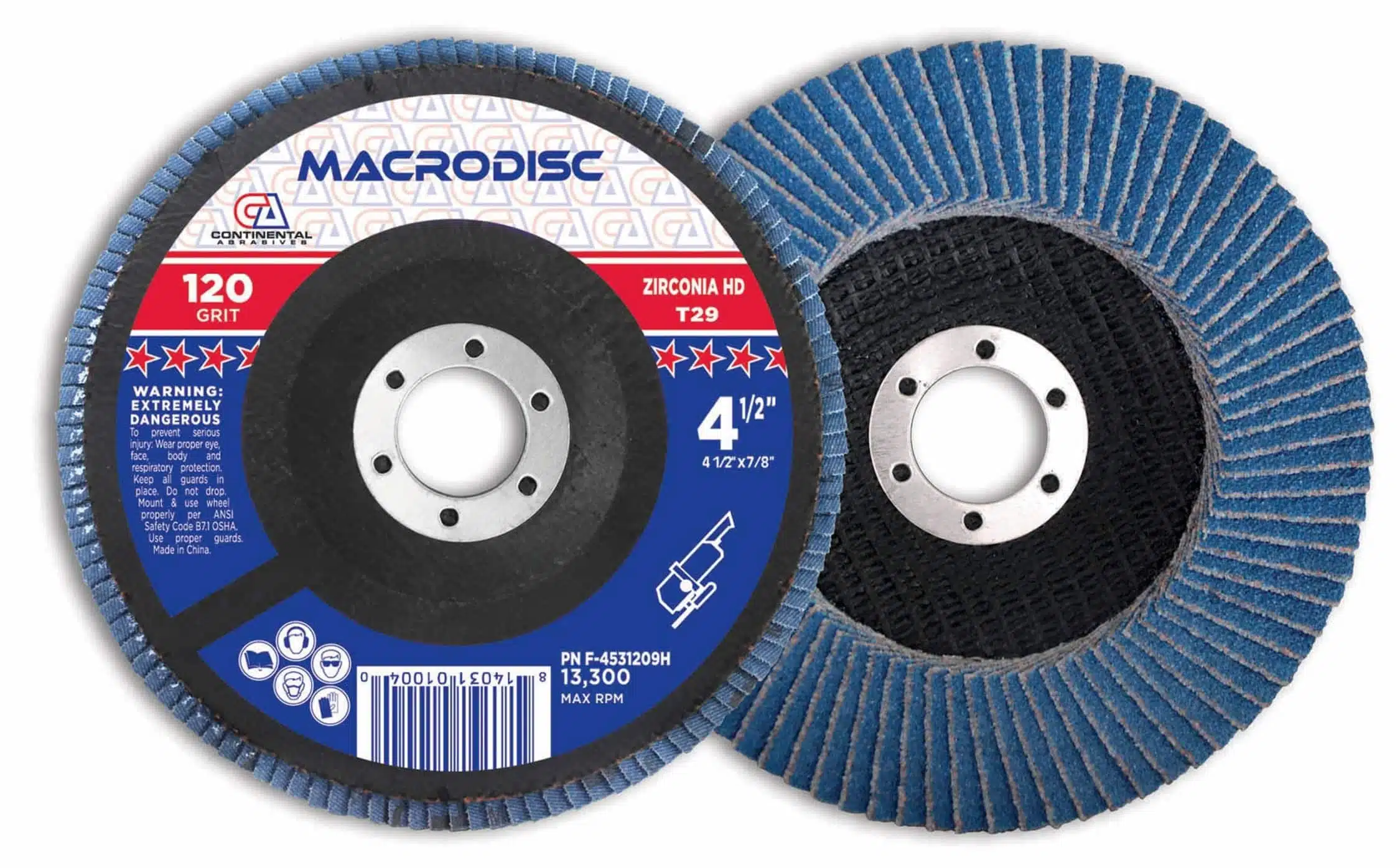 Abrasive grinding wheel for metal cutting with blue and black grit on a white background, labeled for industrial use and safety.