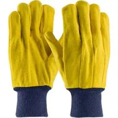 Industrial yellow work gloves with blue cuffs for safety and durability in tough environments.