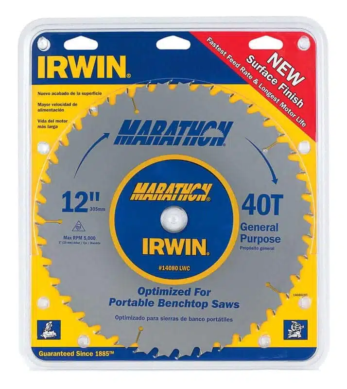 IRWIN MARATHON 12-inch 40T general-purpose saw blade for portable benchtop saws, featuring surface finish, fastest feed rate, and long motor life; ideal for woodworking and construction projects.