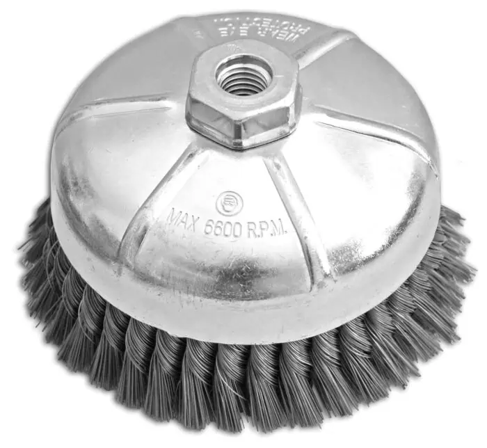 Brush tool for industrial cleaning and surface preparation, featuring durable wire bristles and a sturdy metal base. Ideal for deburring, cleaning, and finishing applications in manufacturing and maintenance.