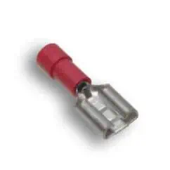 Red insulated terminal connector for electrical wiring, used for secure connections in electrical installations.