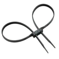 Black zip tie cable tie for cable management and bundling wires, adjustable reusable fastener, ideal for organizing electronics and household items.