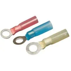 Red, blue, and yellow insulated ring terminal connectors for electrical wiring, compatible with NIS tools for efficient electrical connections and wiring projects.