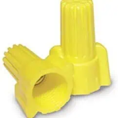 Yellow plastic wire connectors, NIS Tools, used for electrical connections and insulation, shown in close-up with threaded interior and ribbed exterior for secure attachment and easy handling.