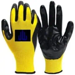 High-visibility safety gloves with rubber coating for industrial and construction work, featuring durable design for hand protection and grip.