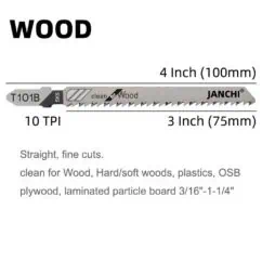 A high-quality image of a Janchi woodcutting saw designed for precise cuts in wood, soft/hardwoods, plastics, OSB plywood, and laminated particle board, featuring detailed blade specifications.