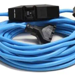 Heavy-duty industrial extension cord with grounding features and durable blue insulation for reliable power supply in commercial and construction environments.