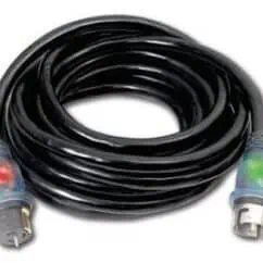 Flexible black electrical cable coiled with transparent connectors with LED indicators for power and status monitoring.