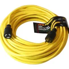 High-visibility yellow extension cord with black connectors, 100 ft heavy-duty twist-to-lock design for industrial and outdoor use.