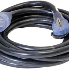Power extension cord with a black cable and blue plug, suitable for electrical equipment and safety use.