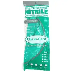 Nitrile chemical resistant gloves, high performance and durable, ideal for industrial and laboratory use. Made from 100% recyclable latex-free material for safety and comfort.