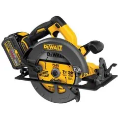 DeWalt cordless circular saw with yellow and black design, featuring a 7 1/4 inch blade, FLEXVOLT battery, and ergonomic handle, designed for professional cutting tasks.