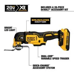 DeWalt 20V MAX XR Brushless Cordless Oscillating Multi-Tool with LED Light, Dual-Grip Variable Speed Trigger, Quick-Change Accessory System, and Includes 28-Piece DEWALT Accessory Kit for DIY and professional projects.