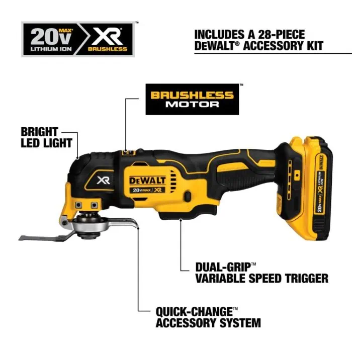 DeWalt 20V MAX XR Brushless Cordless Oscillating Multi-Tool with LED Light, Dual-Grip Variable Speed Trigger, Quick-Change Accessory System, and Includes 28-Piece DEWALT Accessory Kit for DIY and professional projects.