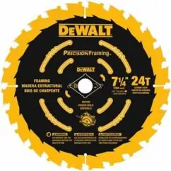 DeWalt circular saw blade with precision framing teeth, 7 1/4 inch, 24 teeth, designed for accurate cutting and durability on wood and structural materials. Ideal for professional carpentry.