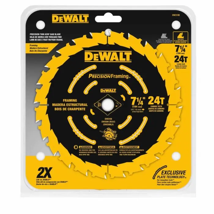 7. DeWalt Precision Framing Saw Blade for woodworking, construction, and project cutting, featuring 7 1/4-inch diameter, 24-tooth carbide teeth, and exclusive plate technology for smooth cuts.