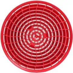 Red plastic round safety filter cover with grid design for industrial and HVAC applications.